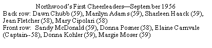 Text Box: Northwoods First CheerleadersSeptember 1956Back row: Dawn Chubb (59), Marilyn Adams (59), Sharleen Haack (59), Jean Fletcher (58), Mary Cipolari (58)Front row:  Sandy McDonald (59), Donna Posner (58), Elaine Carnvale (Captain--58), Donna Kohler (59), Margie Moser (59)